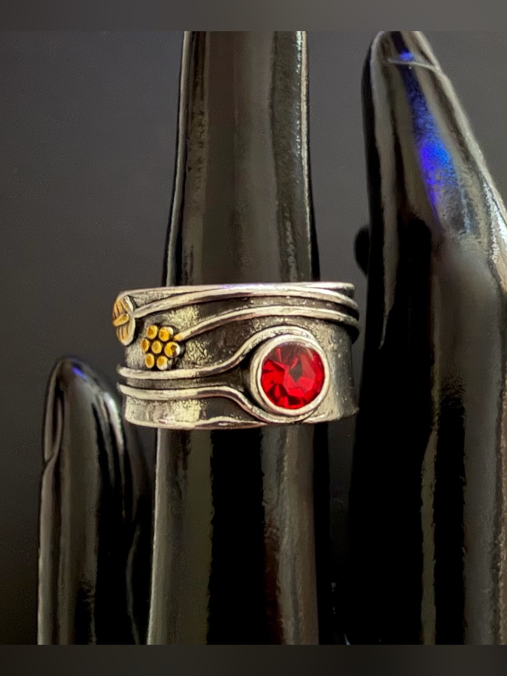 Bohemian Scarlet Gemstone Blossom Mixed-Metal Statement Ring